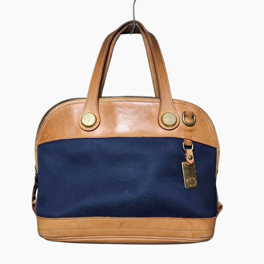 Vintage Dooney & Bourke No. 33284 Cabriolet Zip Satchel Navy Canvas & Leather